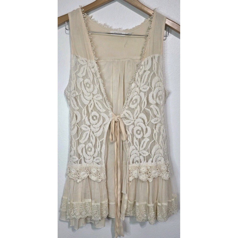 Blue Bird M Boho Cream Lace Scarf Vest Cardigan Shawl Fairy Whimsigoth EUC